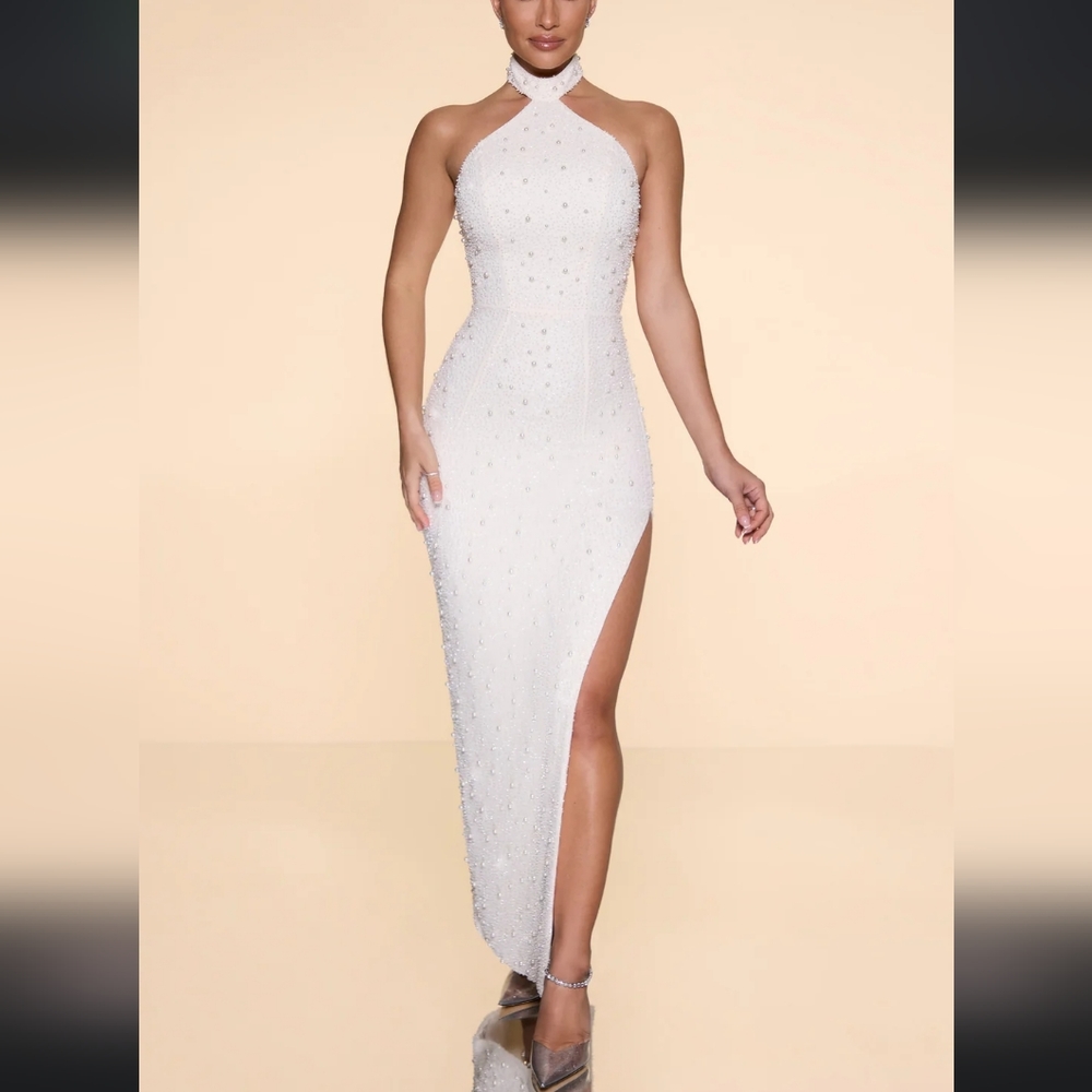 Embellished High Neck Split Maxi Dress in Ivory